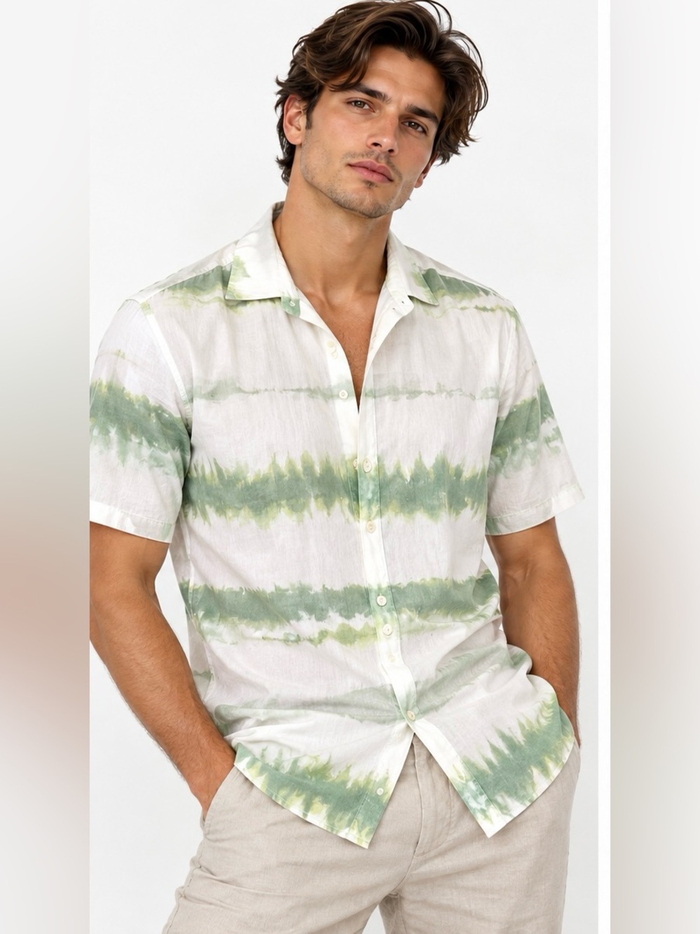 Zara Men's Short-Sleeve Button-Down Shirt in Sage and White Tie-Dye vacations